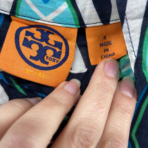 Tory Burch Womens Fish‎ Blue Print Blouse Top Size 8 Cotton - Picture 2 of 7